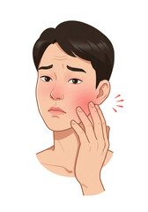 close-up of young light-skinned asian man touching his red irritated cheek. Flat vector illustration on transparent background