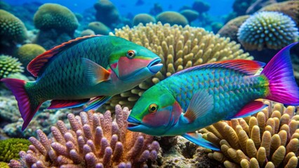 Vibrant Parrotfish Duo Amidst a Lush Coral Reef Ecosystem, Displaying Vivid Colors and Intricate Details in Underwater Paradise
