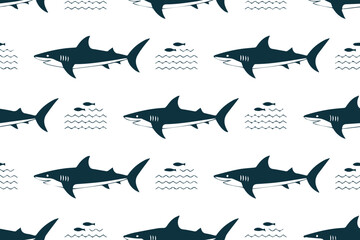 ocean wildlife seamless vector pattern with shark icons, wavy lines, and fish motifs for surface pattern design