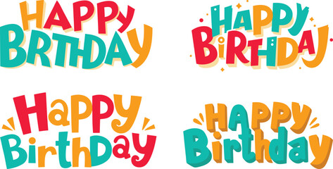 Vector art of four colorful happy birthday text designs isolated on transparent background, perfect for festive cards and banners