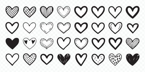 hand-drawn heart vector set with 32 doodle heart illustrations for wedding invitation greeting cards