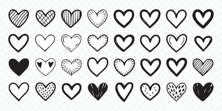 hand-drawn heart vector set with 32 doodle heart illustrations for wedding invitation greeting cards