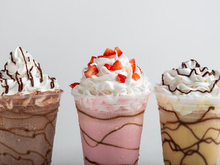 Milkshakes of different flavors on a white background.