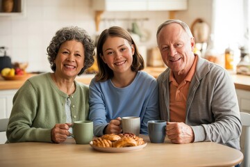 Happy family enjoying tea and pastries together in their kitchen
