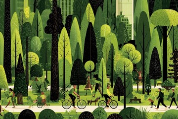 Busy urban park with people cycling and walking among lush trees in summer