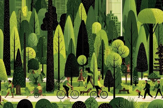 Busy urban park with people cycling and walking among lush trees in summer