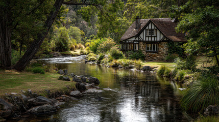 Timber-framed cottage by a creek scenic composition