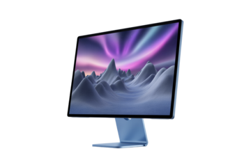 Modern computer monitor displaying a vibrant aurora borealis over snow capped mountains