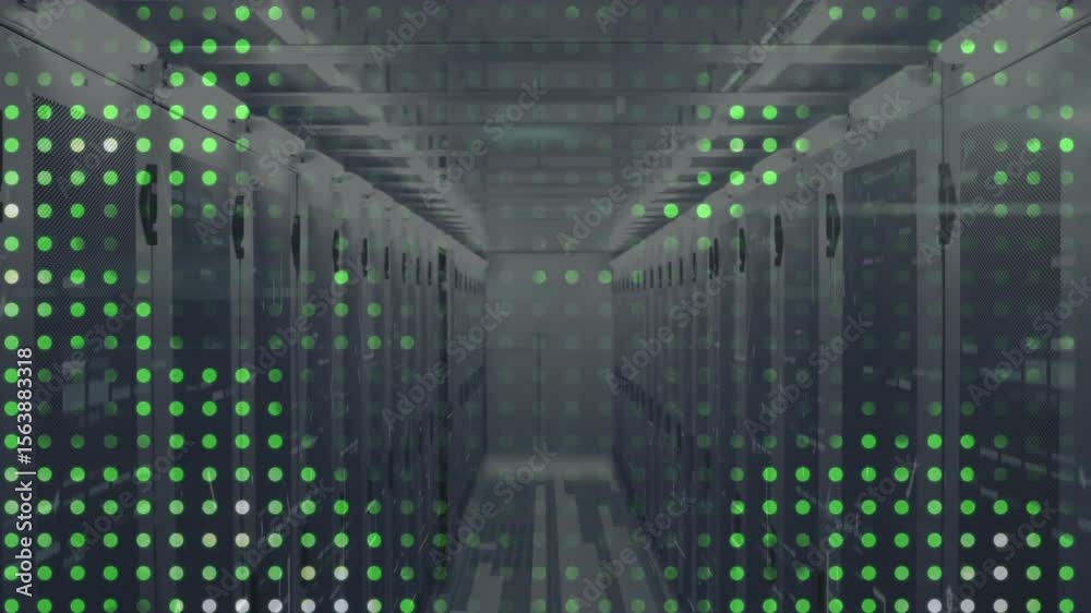 Poster on play, translucent grid appearing over server racks pulsing across frame for data visualization