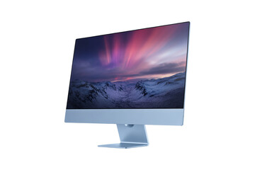 Modern blue all in one computer displaying a vibrant aurora borealis over a snowy mountain landscape