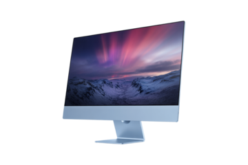 Modern blue all in one computer displaying a vibrant aurora borealis over a snowy mountain landscape