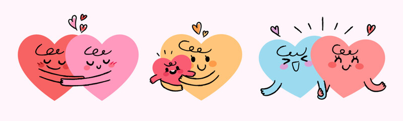 A collection of cute heart-shaped personified characters. Loving couples, mothers and children.