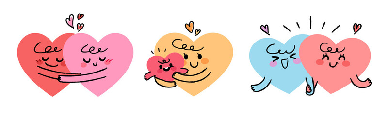 A collection of cute heart-shaped personified characters. Loving couples, mothers and children.