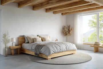 Fototapeta premium Minimalist bedroom with wooden beams and neutral tones beige grey
