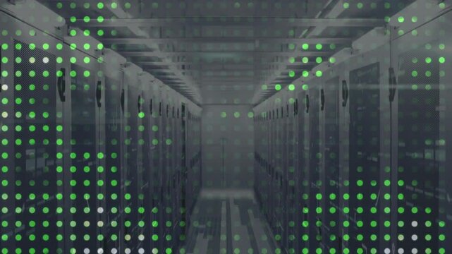 On play, translucent grid appearing over server racks pulsing across frame for data visualization