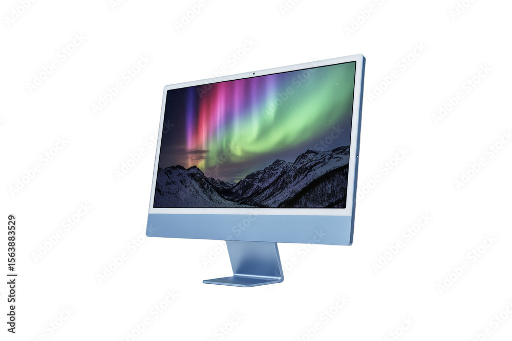 Fototapete Modern computer monitor displaying a vibrant aurora borealis over snow capped mountains