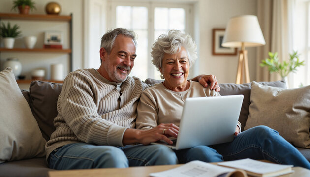 Elderly couple sitting on sofa working on laptop at home  