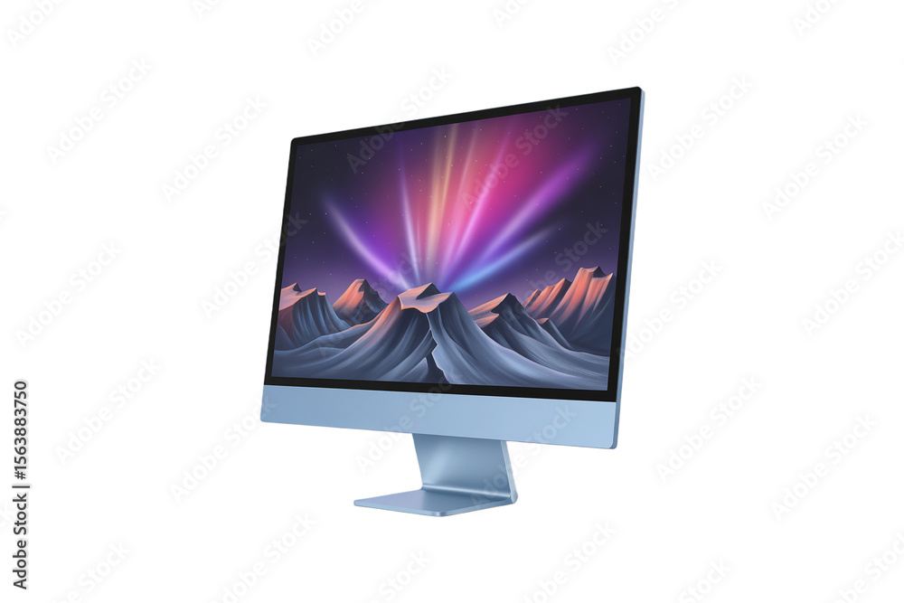 Fototapete Modern computer monitor displaying a vibrant aurora borealis over snow capped mountains