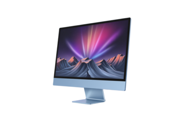 Modern computer monitor displaying a vibrant aurora borealis over snow capped mountains