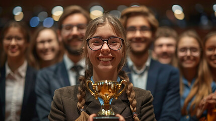 Girl holding trophy with team, auditorium, blurred crowd