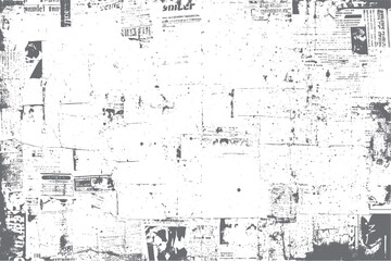 Grunge poster wall with vintage newspaper scraps. Abstract distressed collage texture. Ideal for old print layout and design overlay.