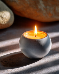 Burning candle in a gray concrete holder, relaxing spa atmosphere, peaceful light and shadow