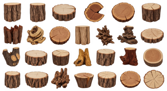 Stunning and Unique Collection of Wooden Logs and Stumps Showcasing the Beauty of Natural Textures and Patterns in Nature, isolated on a transparent background - Powered by Adobe