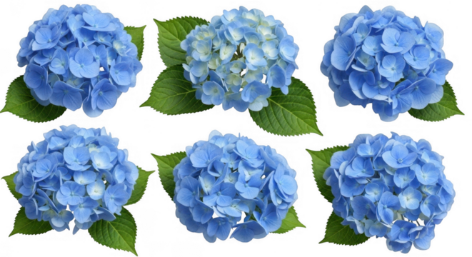 Beautiful Blue Hydrangeas with Lush Green Leaves for Floral Designs and Arrangements, isolated on a transparent background