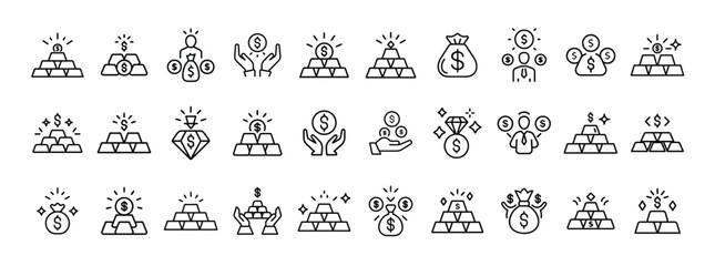 Wealth and investment, gold savings, financial success – thin line web icon set. Outline icons collection. Simple vector illustration.