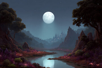 Enchanted valley under luminous moon with distant fairytale city fantasy landscape night