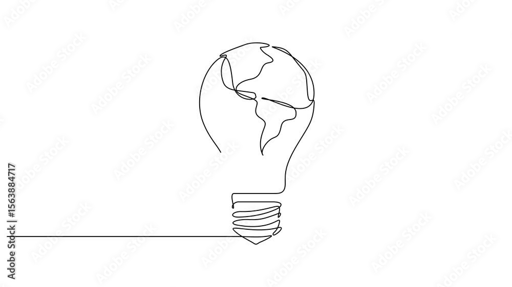 Aufkleber animated lightbulb with earth map one continuous line drawing, self drawing line animation world map