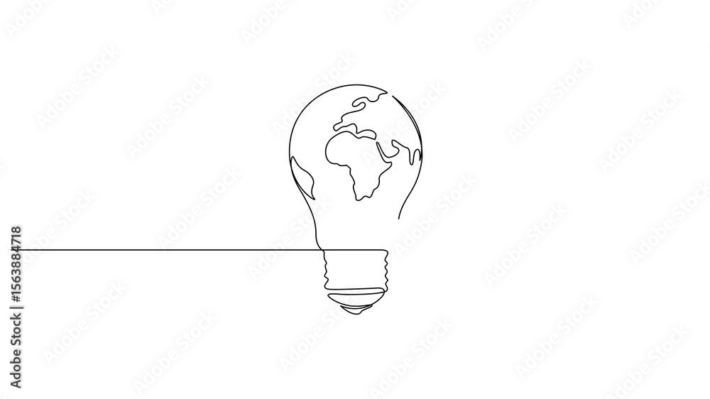 Aufkleber animated lightbulb with earth map one continuous line drawing, self drawing line animation world map