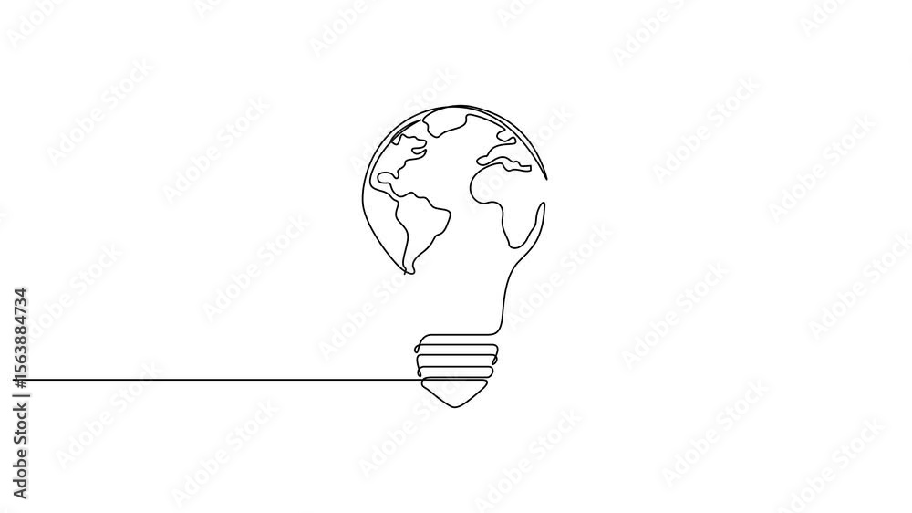 Aufkleber animated lightbulb with earth map one continuous line drawing, self drawing line animation world map