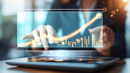 Woman interacting with a digital interface overlaid on a tablet displaying financial data with orange and blue tones and a blurred background. - Powered by Adobe