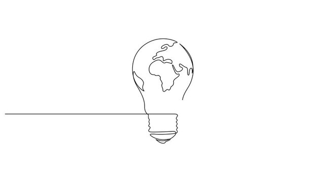 Animated lightbulb with Earth map one continuous line drawing, Self drawing line animation World map globe inside the lamp continuous one single line drawn concept video