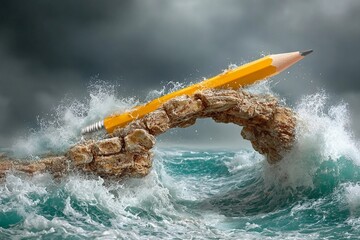 Waves crashing under a giant pencil balanced on a rocky arch near the ocean