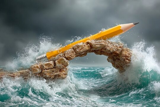 Waves crashing under a giant pencil balanced on a rocky arch near the ocean