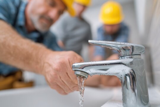 Sink Install. Plumber Fixing Water Tap for Client in Bathroom