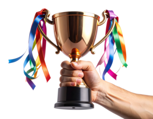  Champion’s Fist Raising Bronze Sports Cup with Ribbon Details, isolated on transparent background.