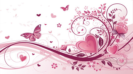 Pink Floral Abstract Background with Butterflies and Decorative Elements