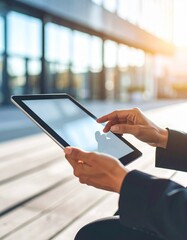 Close-up of a person using a tablet computer outdoors, in front of a modern building.