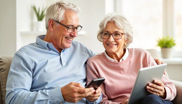 Elderly couple smiling together while using smartphone and tablet indoors  