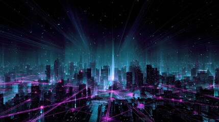 Fototapeta premium Futuristic neon cityscape with digital network connections and light beams