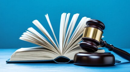 Legal knowledge and justice concept with an open book and a wooden judge's gavel on a vibrant blue background symbolizing law, education, and judicial system