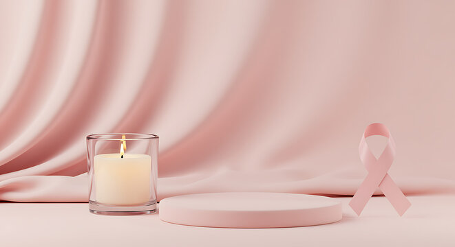 Pink ribbon candle and stage symbolic representation of breast cancer awareness and support