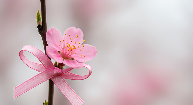 Delicate pink cherry blossom with a pink ribbon emphasizing beauty and springtime bloom