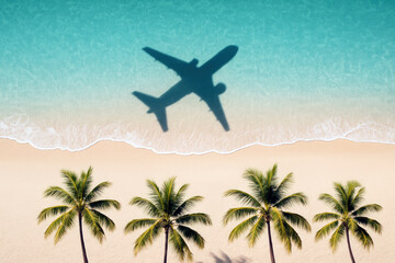 Airplane shadow over turquoise ocean waves and sandy beach with palm trees image