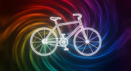 Fototapeta premium Neon Wireframe Bicycle on Rainbow Swirl Background: Abstract Cycling Art