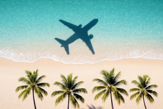 Airplane shadow over turquoise ocean waves and sandy beach with palm trees image