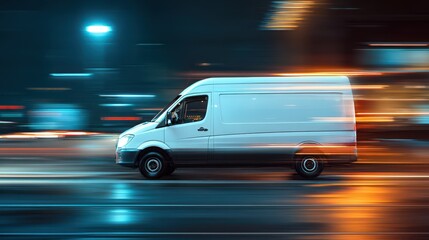 Small Bus. White Modern Delivery Van on Fast-paced Urban Highway
